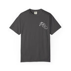 thtgrlreads Hockey Romance comfort colors graphic tee in vintage washed charcoal with small white key tag graphic and "I Might Knock" text on chest sleeves, unisex fit.