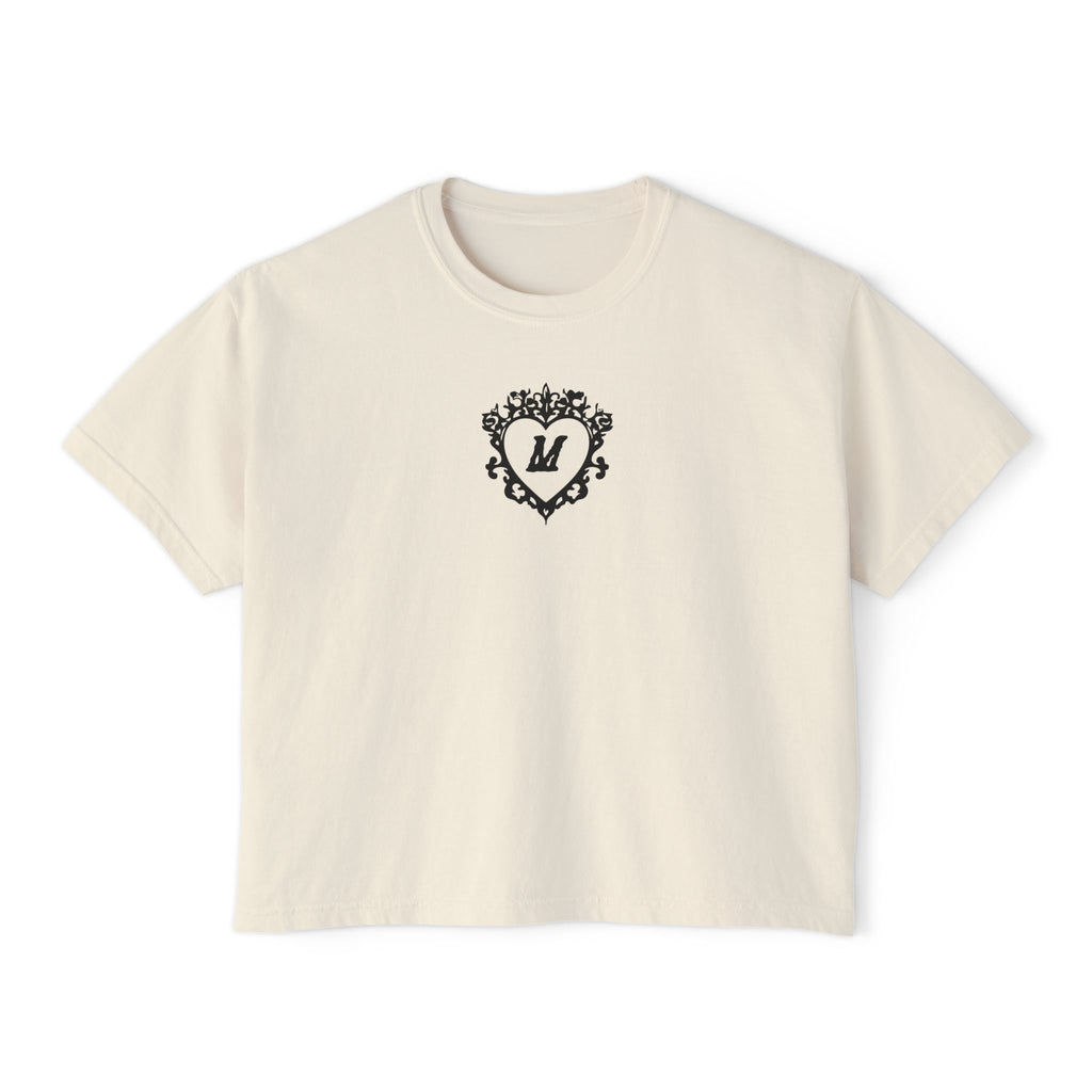 thtgrlreads Liv Zander collection vintage-washed cream crop top featuring a black intricate heart design with the letter "M," made from premium Comfort Colors fabric.