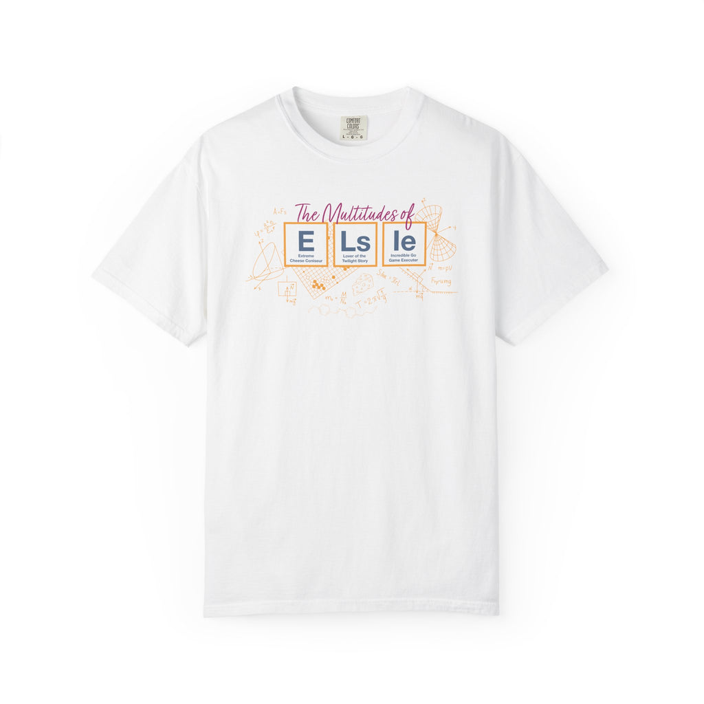 White Comfort Colors graphic tee featuring The Multitudes of Elsie design with colorful book-style lettering, from Thtgrlreads Ali Hazelwood tees