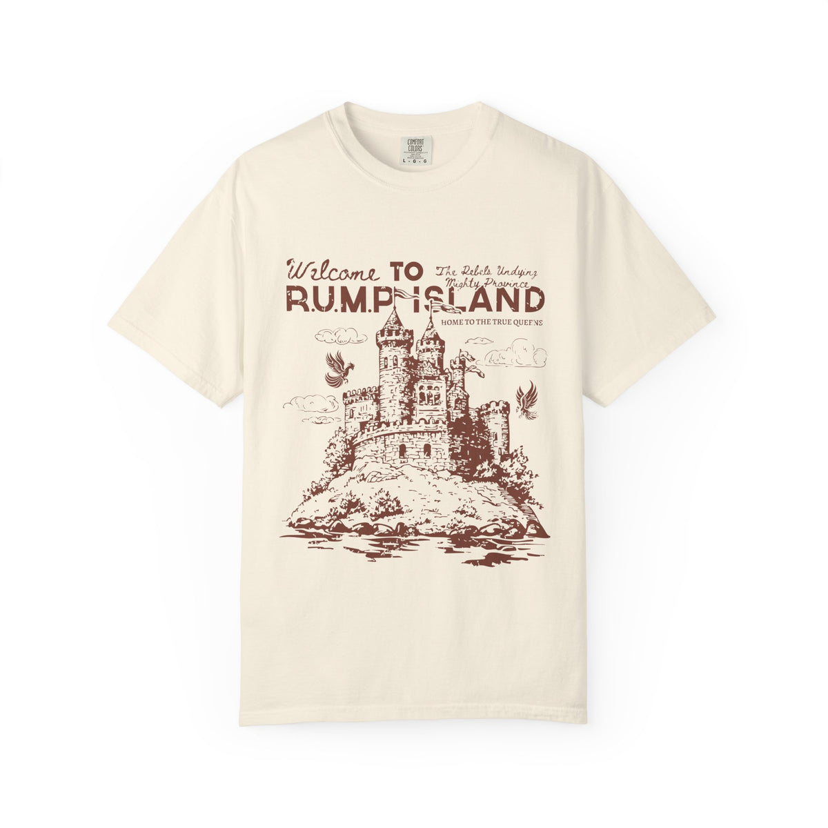 thtgrlreads vintage wash Comfort Colors graphic tee featuring a detailed castle illustration and "Welcome to Rumplisland" text in rustic font, inspired by romantasy themes.