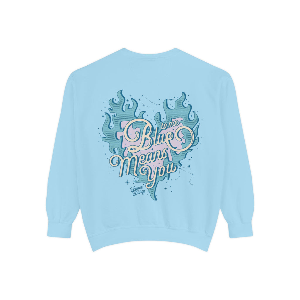 Zodiac Academy oversized crewneck sweatshirt by thtgrlreads in light blue, featuring vintage puff print graphic text "Blue means you" with flame and constellation design, from the Crewnecks collection.