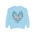 Zodiac Academy oversized crewneck sweatshirt by thtgrlreads in light blue, featuring vintage puff print graphic text "Blue means you" with flame and constellation design, from the Crewnecks collection.