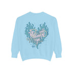 Zodiac Academy oversized crewneck sweatshirt by thtgrlreads in light blue, featuring vintage puff print graphic text "Blue means you" with flame and constellation design, from the Crewnecks collection.