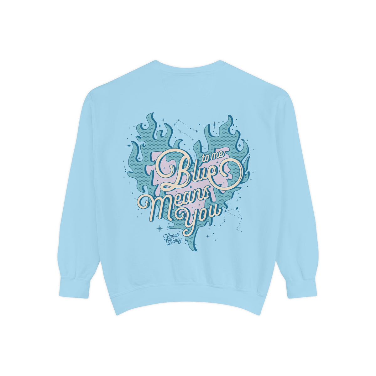 Zodiac Academy oversized crewneck sweatshirt by thtgrlreads in light blue, featuring vintage puff print graphic text "Blue means you" with flame and constellation design, from the Crewnecks collection.