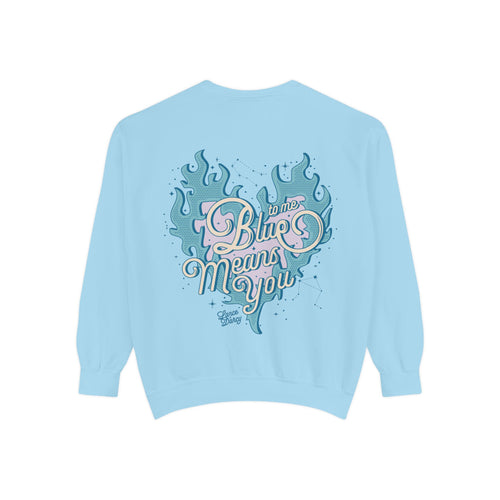 Zodiac Academy oversized crewneck sweatshirt by thtgrlreads in light blue, featuring vintage puff print graphic text "Blue means you" with flame and constellation design, from the Crewnecks collection.