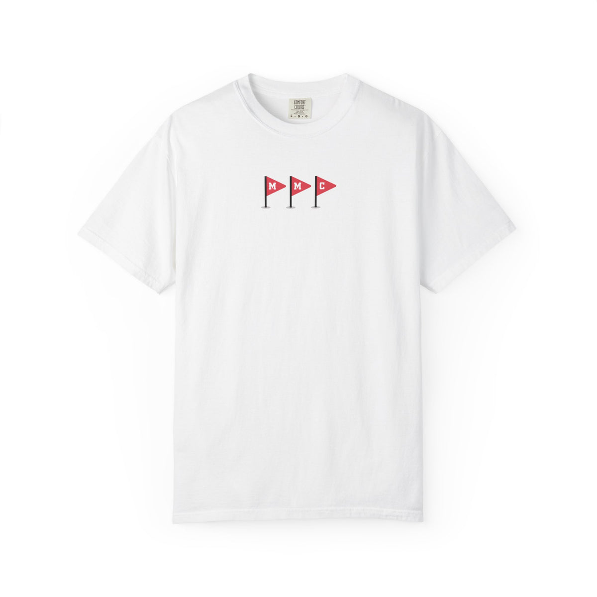 Thtgrlreads comfort colors graphic tee from the Book Bestie collection featuring a minimalist design of three small red flags with white letters on a vintage-wash white cotton fabric.
