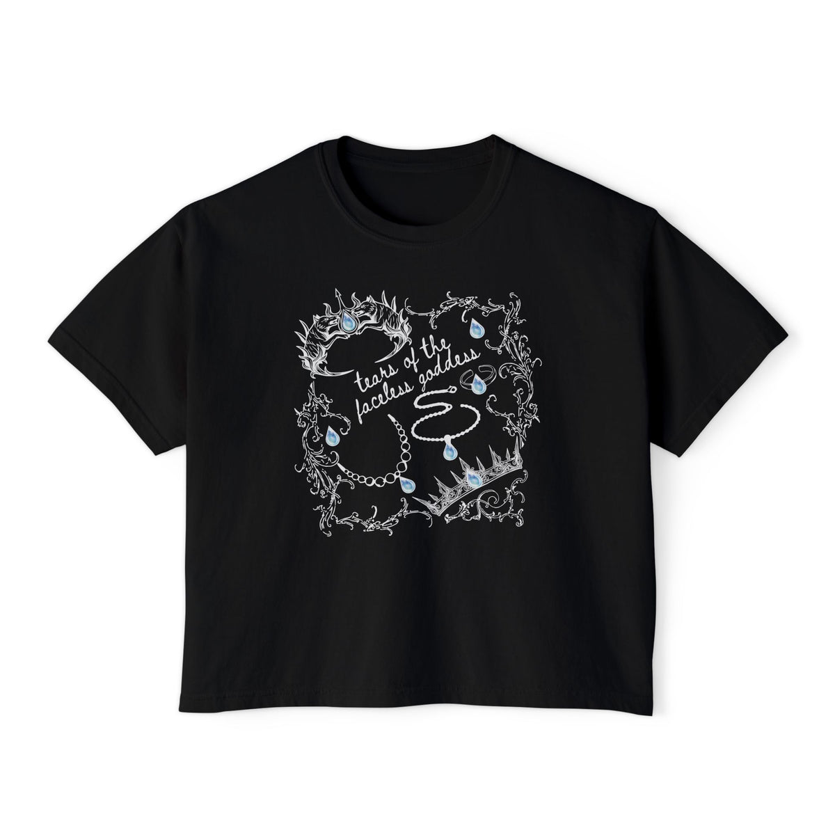 thtgrlreads Wolves of Ruin collection features a black Comfort Colors cropped t-shirt with a vintage-style graphic of crowns, jewels, and delicate swirling text in white and blue, by Printify.