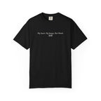 Thtgrlreads officially licensed The Poison Daughter collection black Comfort Colors graphic tee featuring white gothic script text "My heart. My bones. Our blood." on front.