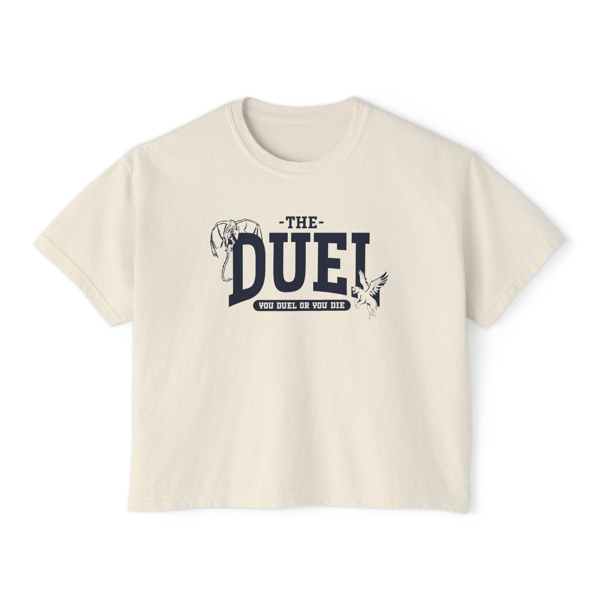 thtgrlreads Blood Bound collection vintage-wash Comfort Colors crop top featuring bold black graphic text "THE DUEL" with horse and bird illustrations, printed by Printify.