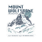 Sticker from the Wolves of Ruin collection by thtgrlreads featuring a detailed mountain design with "Mount Wolfsbane" text, moon illustration, and bonding trials theme.
