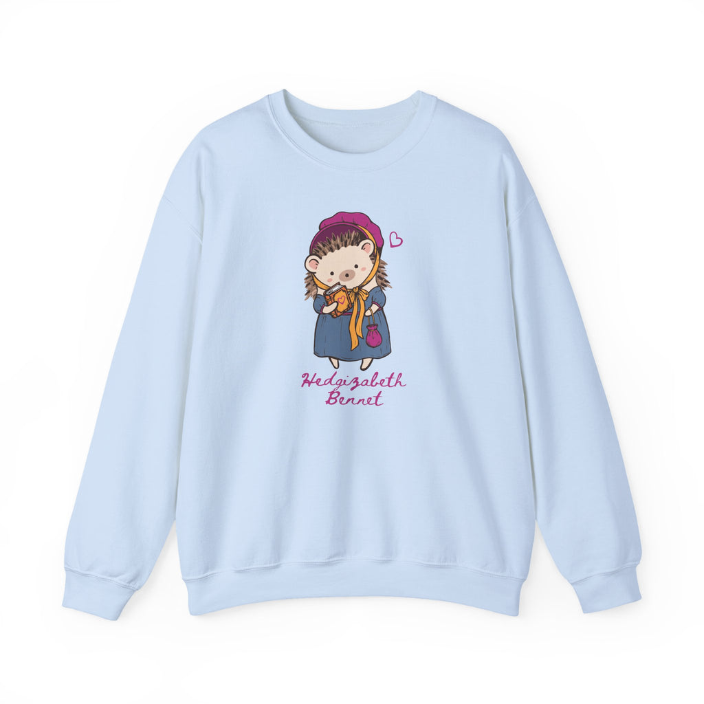 Light blue Hedgizabeth Bennet crewneck featuring an illustrated bookish hedgehog and pink script design, from Thtgrlreads Ali Hazelwood apparel collection