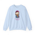 Light blue Hedgizabeth Bennet crewneck featuring an illustrated bookish hedgehog and pink script design, from Thtgrlreads Ali Hazelwood apparel collection