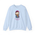 Light blue Hedgizabeth Bennet crewneck featuring an illustrated bookish hedgehog and pink script design, from Thtgrlreads Ali Hazelwood apparel collection