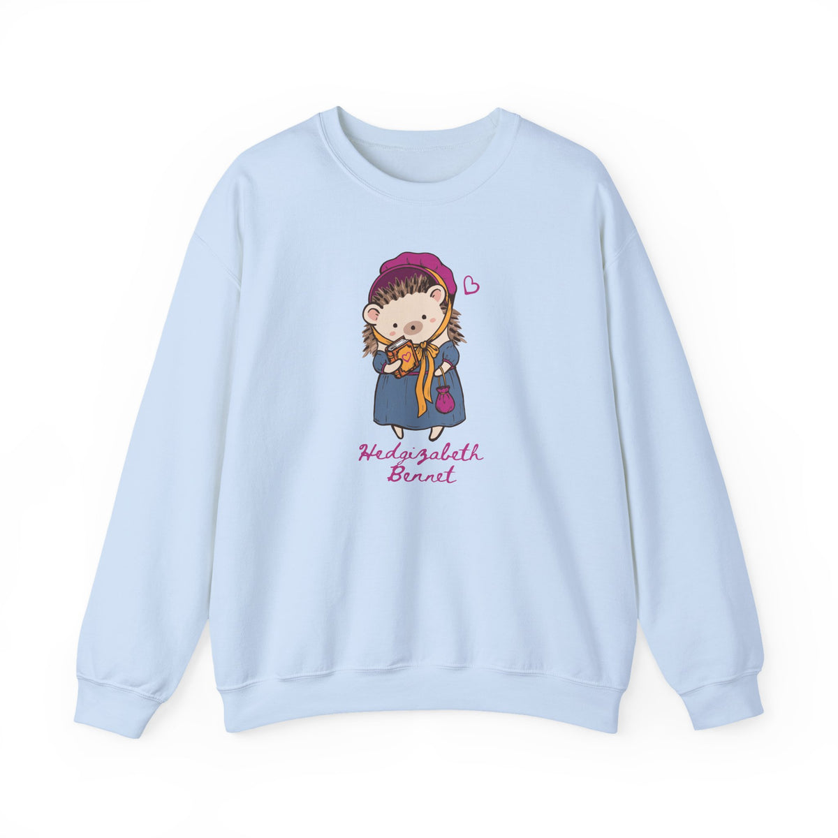 Light blue Hedgizabeth Bennet crewneck featuring an illustrated bookish hedgehog and pink script design, from Thtgrlreads Ali Hazelwood apparel collection