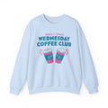 Light blue Wednesday Coffee Club crewneck with illustrated coffee cups and hearts from Ali Hazelwood merch by Thtgrlreads, a cozy licensed bookish sweatshirt