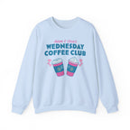 Light blue Wednesday Coffee Club crewneck with illustrated coffee cups and hearts from Ali Hazelwood merch by Thtgrlreads, a cozy licensed bookish sweatshirt