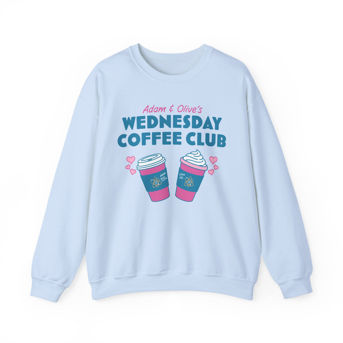 Light blue Wednesday Coffee Club crewneck with illustrated coffee cups and hearts from Ali Hazelwood merch by Thtgrlreads, a cozy licensed bookish sweatshirt
