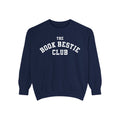 Navy oversized Comfort Colors crewneck sweatshirt from thtgrlreads Book Bestie collection featuring bold white collegiate-style text reading "The Book Bestie Club" across the chest.
