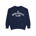 Navy oversized Comfort Colors crewneck sweatshirt from thtgrlreads Book Bestie collection featuring bold white collegiate-style text reading "The Book Bestie Club" across the chest.