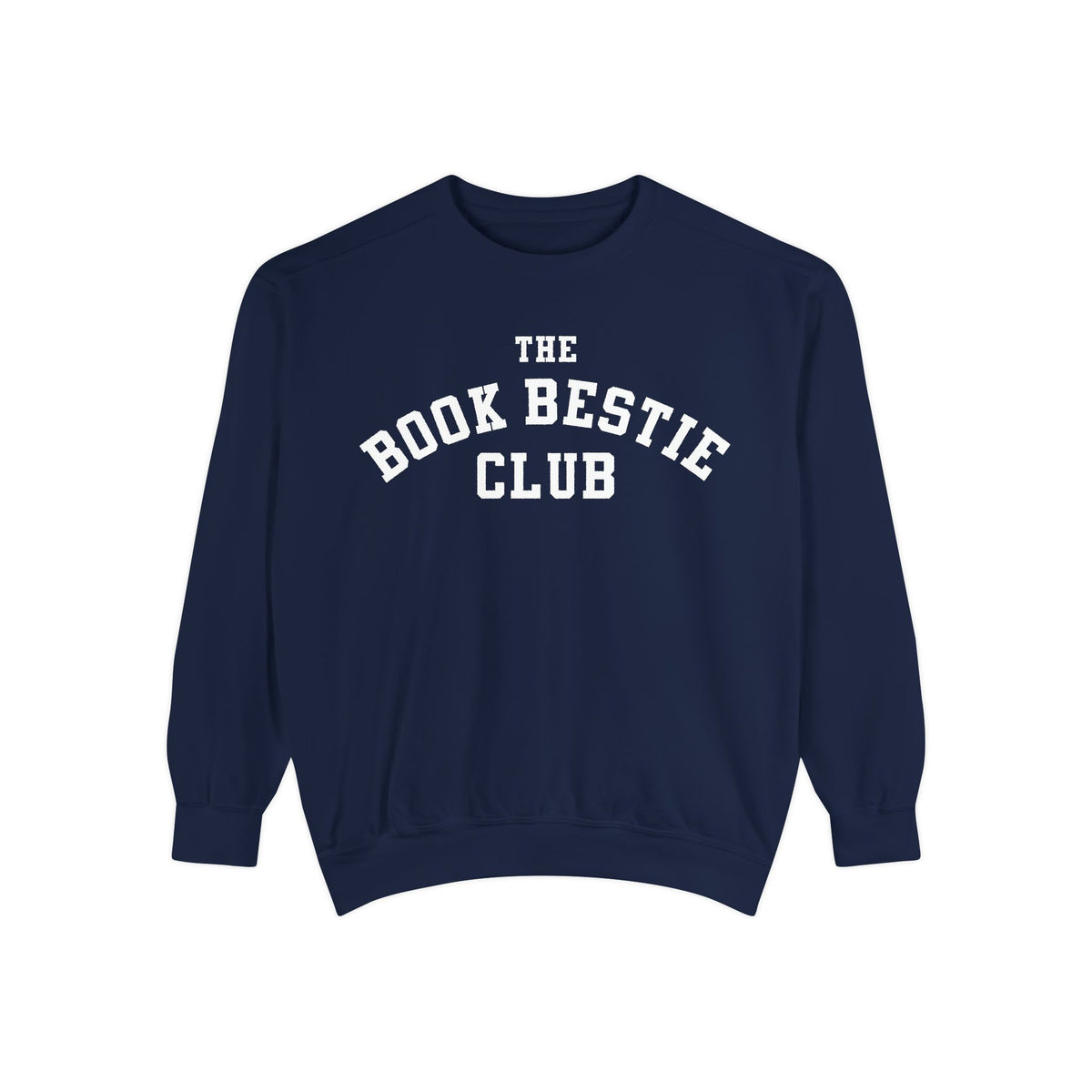 Navy oversized Comfort Colors crewneck sweatshirt from thtgrlreads Book Bestie collection featuring bold white collegiate-style text reading "The Book Bestie Club" across the chest.