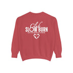 Oversized vintage-wash red Comfort Colors crewneck sweatshirt from thtgrlreads featuring bold white "Club Slow Burn" text and graphic from Book Bestie collection.