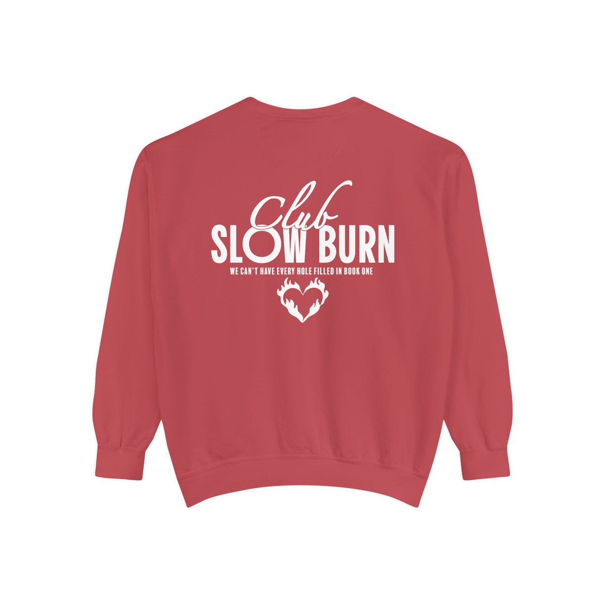Oversized vintage-wash red Comfort Colors crewneck sweatshirt from thtgrlreads featuring bold white "Club Slow Burn" text and graphic from Book Bestie collection.