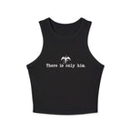 thtgrlreads black cropped tank top featuring a simple white graphic of a small dragon silhouette above the text "There is only him." in typewriter-style font.