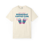 Cream Comfort Colors graphic tee featuring Adam and Olives Wednesday Coffee Club text and colorful coffee cups from Thtgrlreads Ali Hazelwood collection