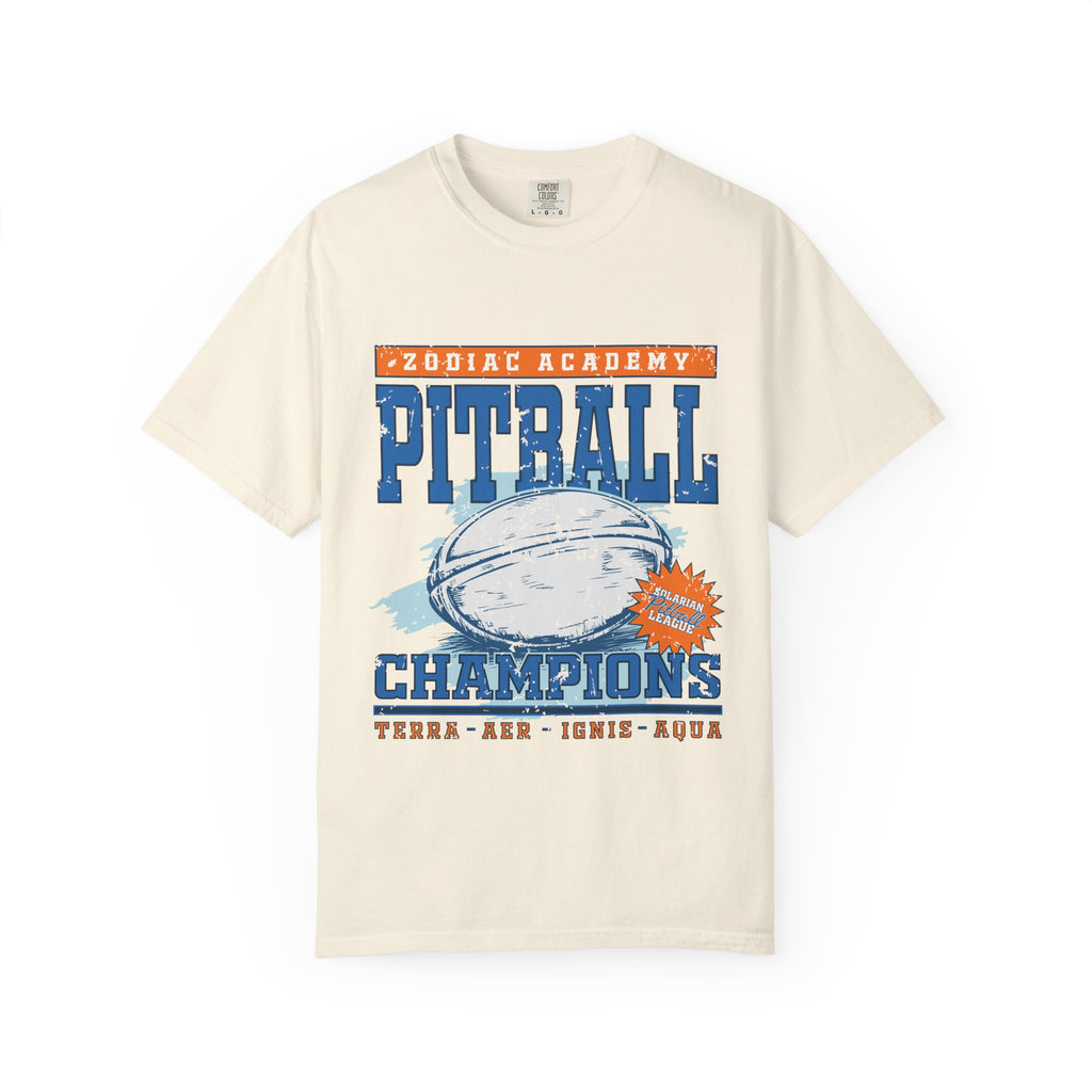 Zodiac Academy tee from thtgrlreads featuring a vintage wash Comfort Colors graphic tee with bold blue and orange Pitball Champions print celebrating the fantasy sports league.