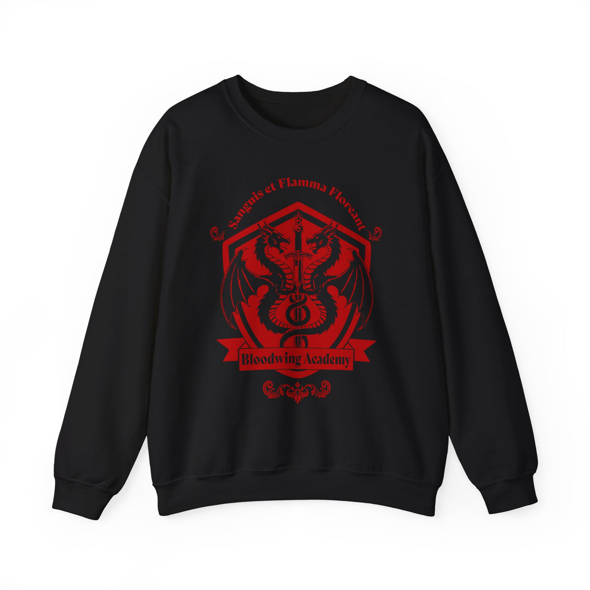 Bloodwing Academy collection by thtgrlreads features this black oversized crewneck sweatshirt with a bold red Bloodwing Academy crest graphic, part of the cozy Crewnecks lineup.