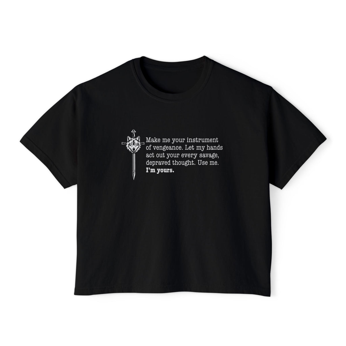 Black cropped Comfort Colors tee from thtgrlreads featuring vintage white text in typewriter font with a gothic heart and dagger graphic, part of Wolves of Ruin and Tees collections.