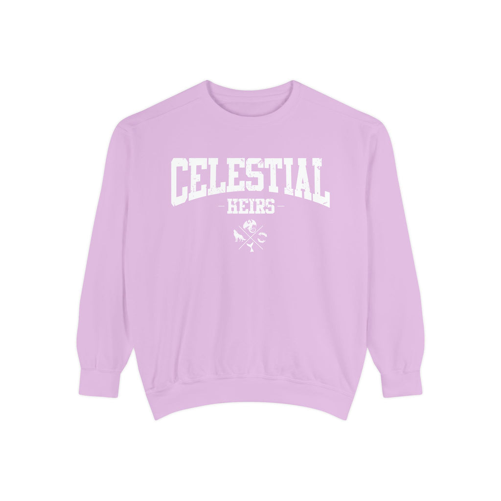 Thtgrlreads Zodiac Academy cozy lilac oversized crewneck sweatshirt featuring bold white collegiate-style "Celestial Heirs" text and subtle graphic, part of the Crewnecks collection.