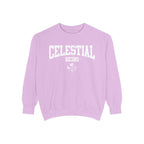 Thtgrlreads Zodiac Academy cozy lilac oversized crewneck sweatshirt featuring bold white collegiate-style "Celestial Heirs" text and subtle graphic, part of the Crewnecks collection.