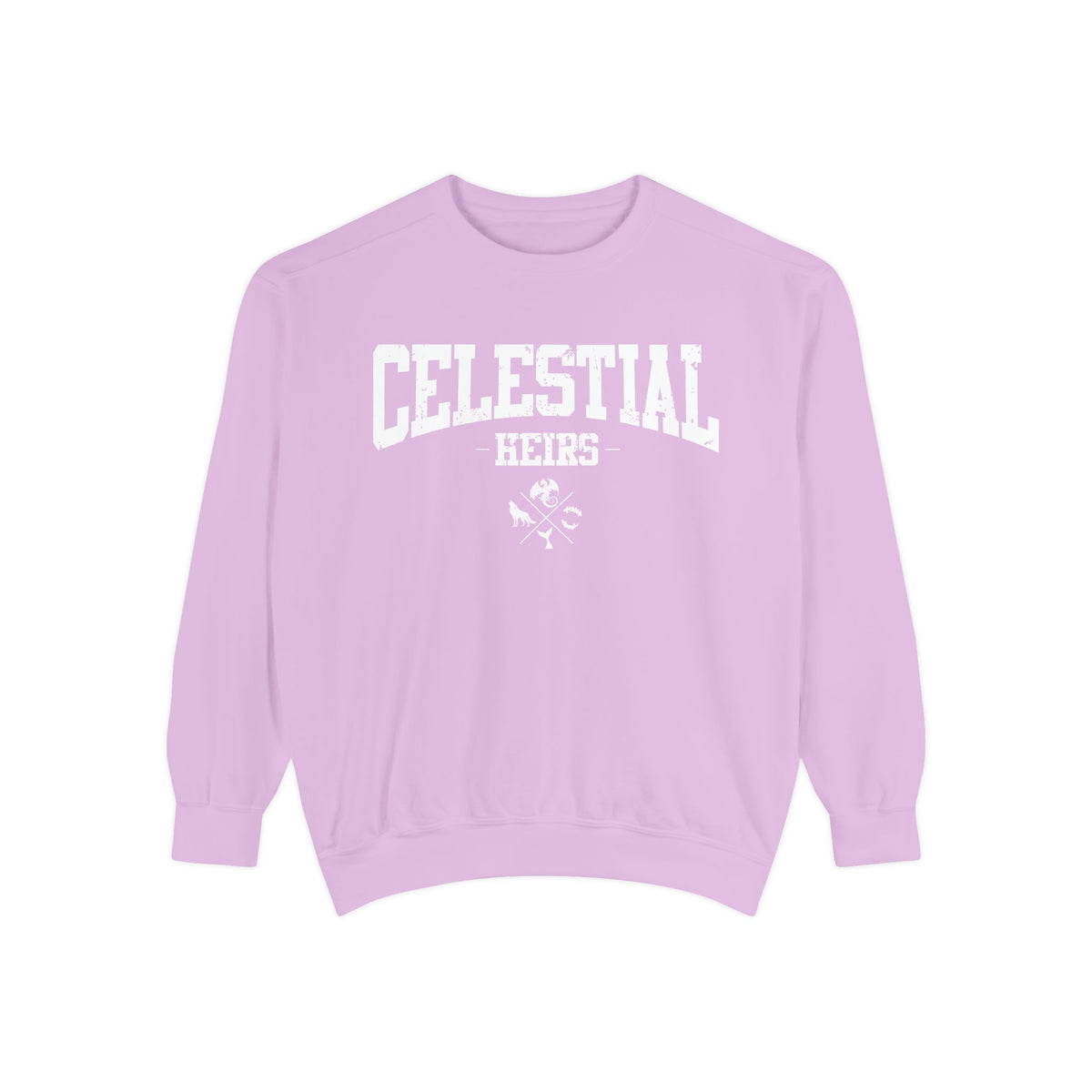 Thtgrlreads Zodiac Academy cozy lilac oversized crewneck sweatshirt featuring bold white collegiate-style "Celestial Heirs" text and subtle graphic, part of the Crewnecks collection.