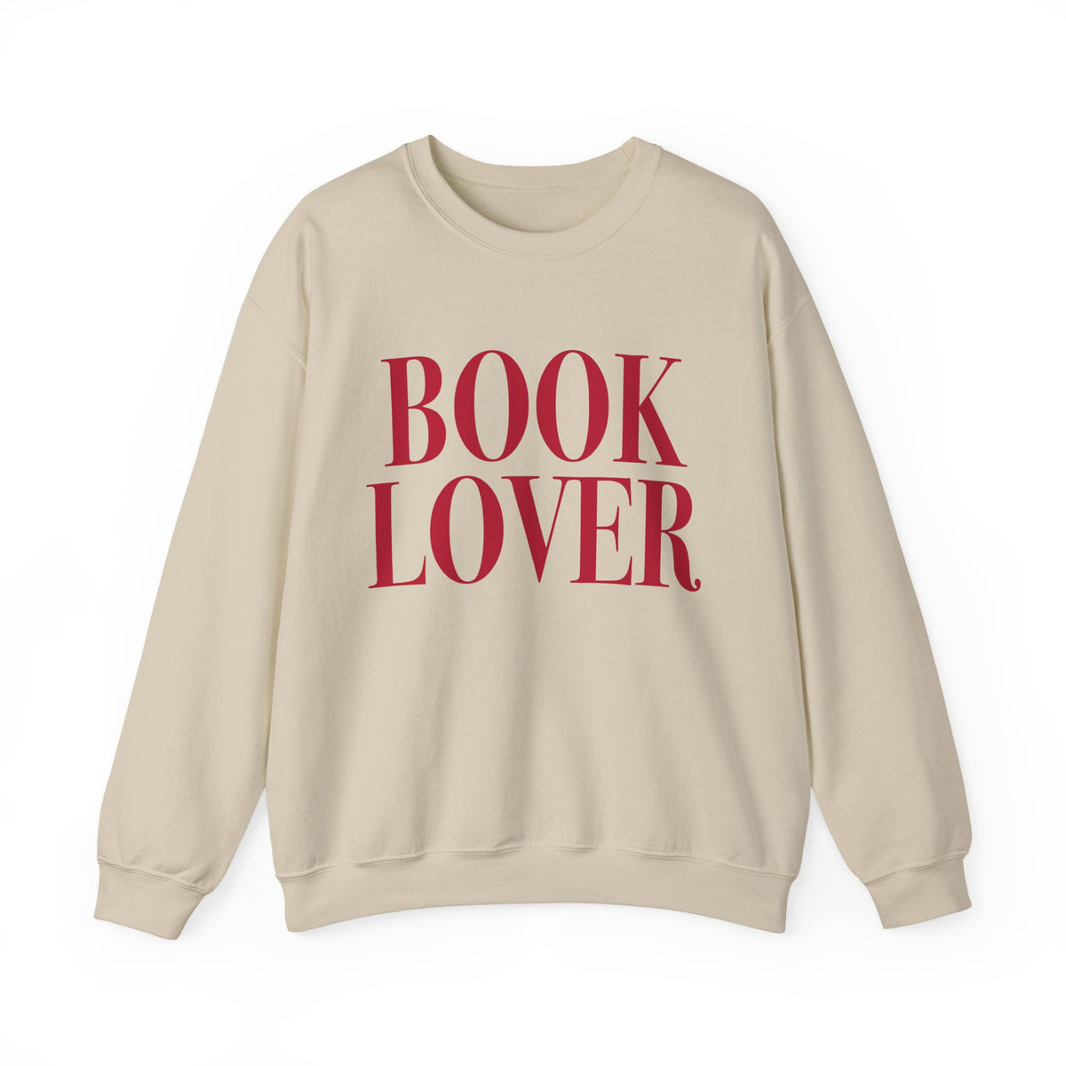 thtgrlreads cozy Comfort Colors crewneck from the Crewnecks collection featuring bold vintage puff print text "BOOK LOVER" in deep red on a soft beige, relaxed fit sweatshirt.