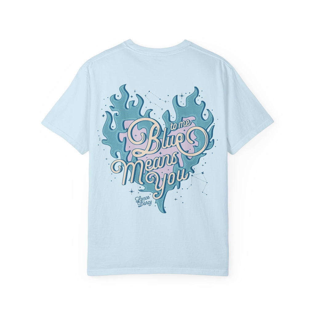 Zodiac Academy-inspired Comfort Colors graphic tee from thtgrlreads featuring a vintage wash light blue fabric with a whimsical "Blue means you" puff print design in pastel blues and pinks.