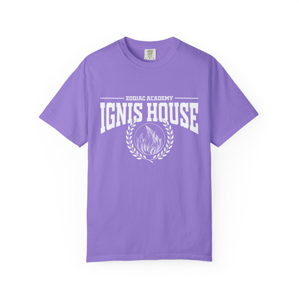 Comfort Colors lavender unisex graphic tee from thtgrlreads featuring bold white block text "IGNIS HOUSE" and flame emblem, part of Zodiac Academy and Back to School collections.