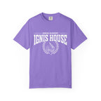 Comfort Colors lavender unisex graphic tee from thtgrlreads featuring bold white block text "IGNIS HOUSE" and flame emblem, part of Zodiac Academy and Back to School collections.
