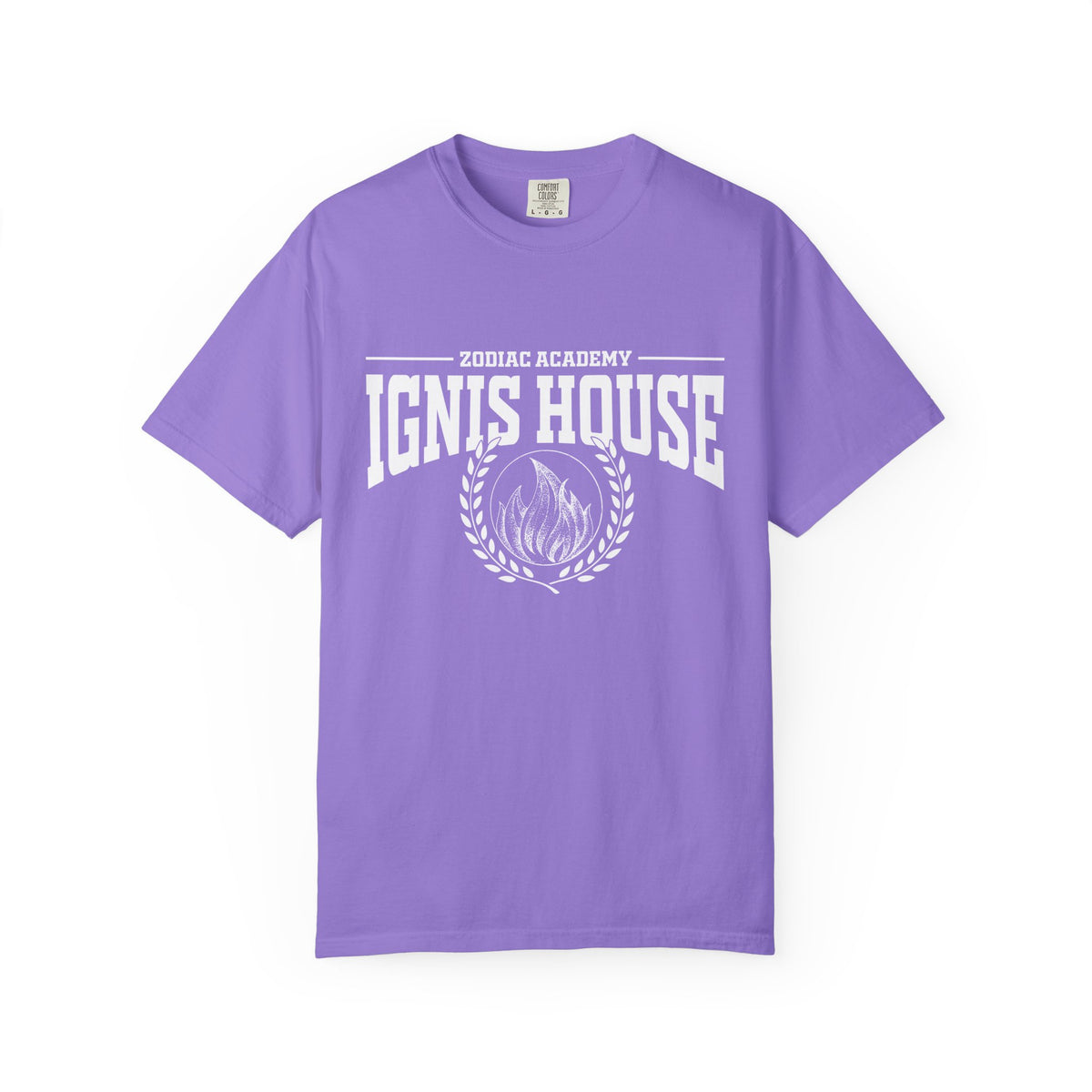 Comfort Colors lavender unisex graphic tee from thtgrlreads featuring bold white block text "IGNIS HOUSE" and flame emblem, part of Zodiac Academy and Back to School collections.