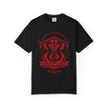 Bloodwing Academy collection Comfort Colors graphic tee by thtgrlreads featuring a vintage-wash black unisex t-shirt with a bold red Bloodwing Academy crest graphic, part of officially licensed bookish apparel.