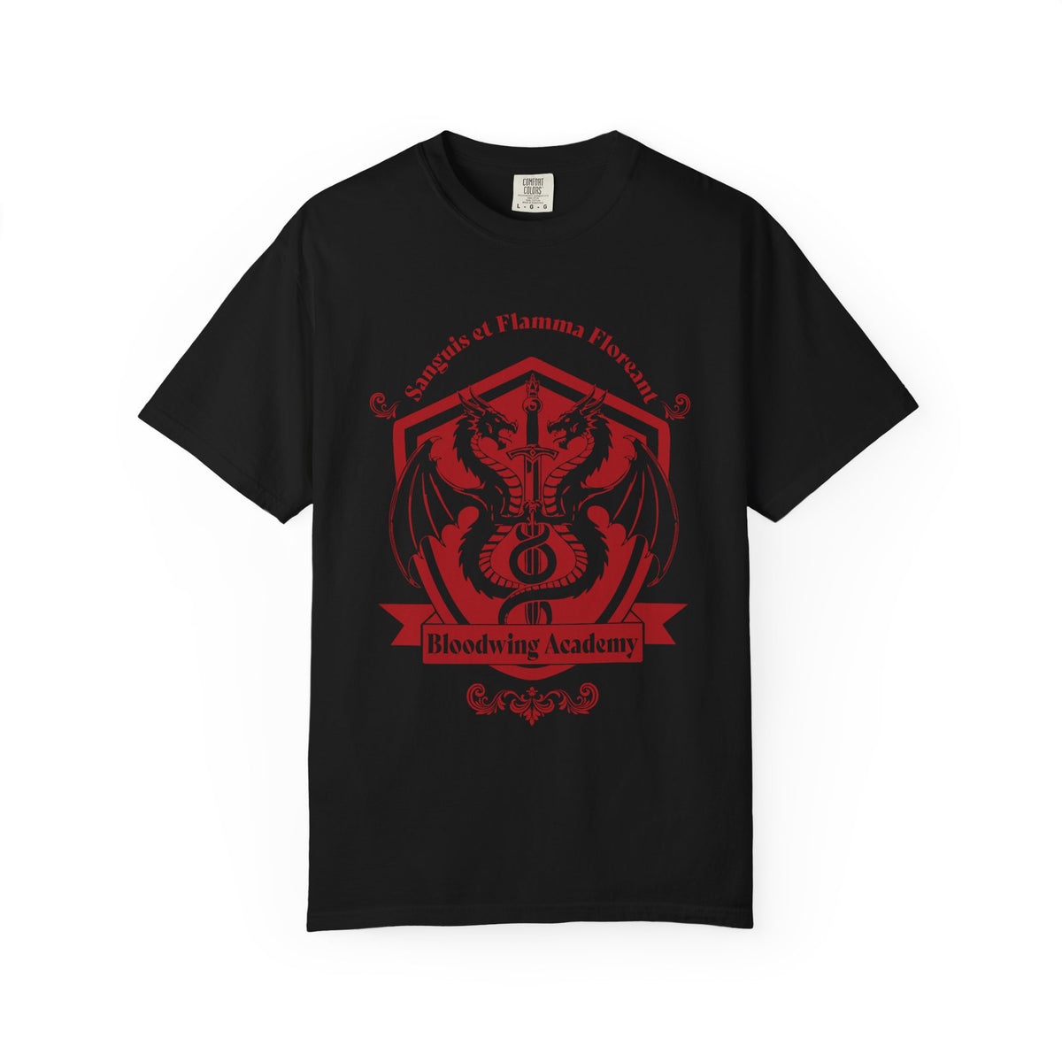 Bloodwing Academy collection Comfort Colors graphic tee by thtgrlreads featuring a vintage-wash black unisex t-shirt with a bold red Bloodwing Academy crest graphic, part of officially licensed bookish apparel.
