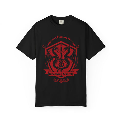 Bloodwing Academy collection Comfort Colors graphic tee by thtgrlreads featuring a vintage-wash black unisex t-shirt with a bold red Bloodwing Academy crest graphic, part of officially licensed bookish apparel.