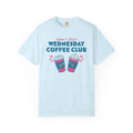 Light blue Comfort Colors graphic tee featuring Adam and Olives Wednesday Coffee Club text with colorful coffee cups and hearts from Thtgrlreads Ali Hazelwood merch
