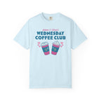 Light blue Comfort Colors graphic tee featuring Adam and Olives Wednesday Coffee Club text with colorful coffee cups and hearts from Thtgrlreads Ali Hazelwood merch