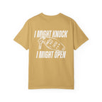 Comfort Colors graphic tee from thtgrlreads featuring a vintage white print of a hotel key and bold text "I Might Knock I Might Open," part of the Hockey Romance and Tees collections.