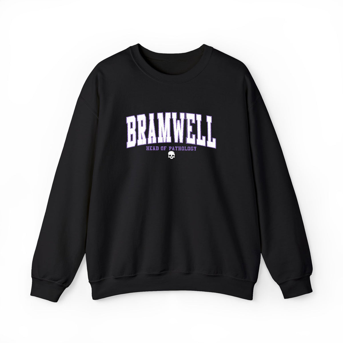 Nocticadia crewneck sweatshirt from thtgrlreads featuring an embroidered Bramwell design and "Head of Pathology" text on a vintage-washed black Comfort Colors base.