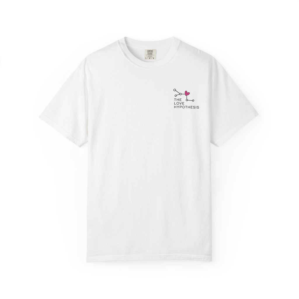 White unisex graphic tee with a small The Love Hypothesis molecular heart design on the chest, by Thtgrlreads for Ali Hazelwood fans