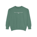 Thtgrlreads oversized crewneck from The Poison Daughter collection featuring a sage green vintage wash Comfort Colors base with white text reading "My heart. My bones. Our blood." in a simple font.