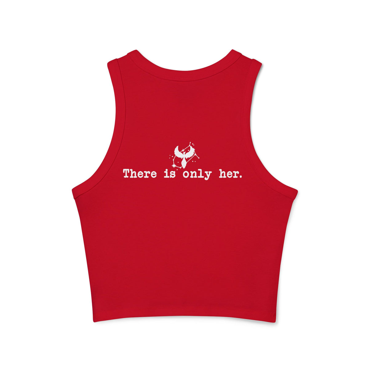 thtgrlreads red cropped tank top featuring a white silhouette graphic of two birds and the phrase "There is only her." in typewriter font centered on the back.
