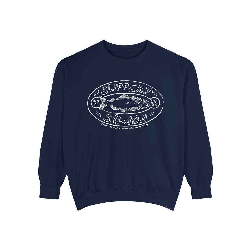ThTgrlreads Zodiac Academy collection oversized crewneck sweatshirt in vintage navy with white vintage puff print graphic of a salmon and text reading "Slippery Salmon," made from premium Comfort Colors fabric.